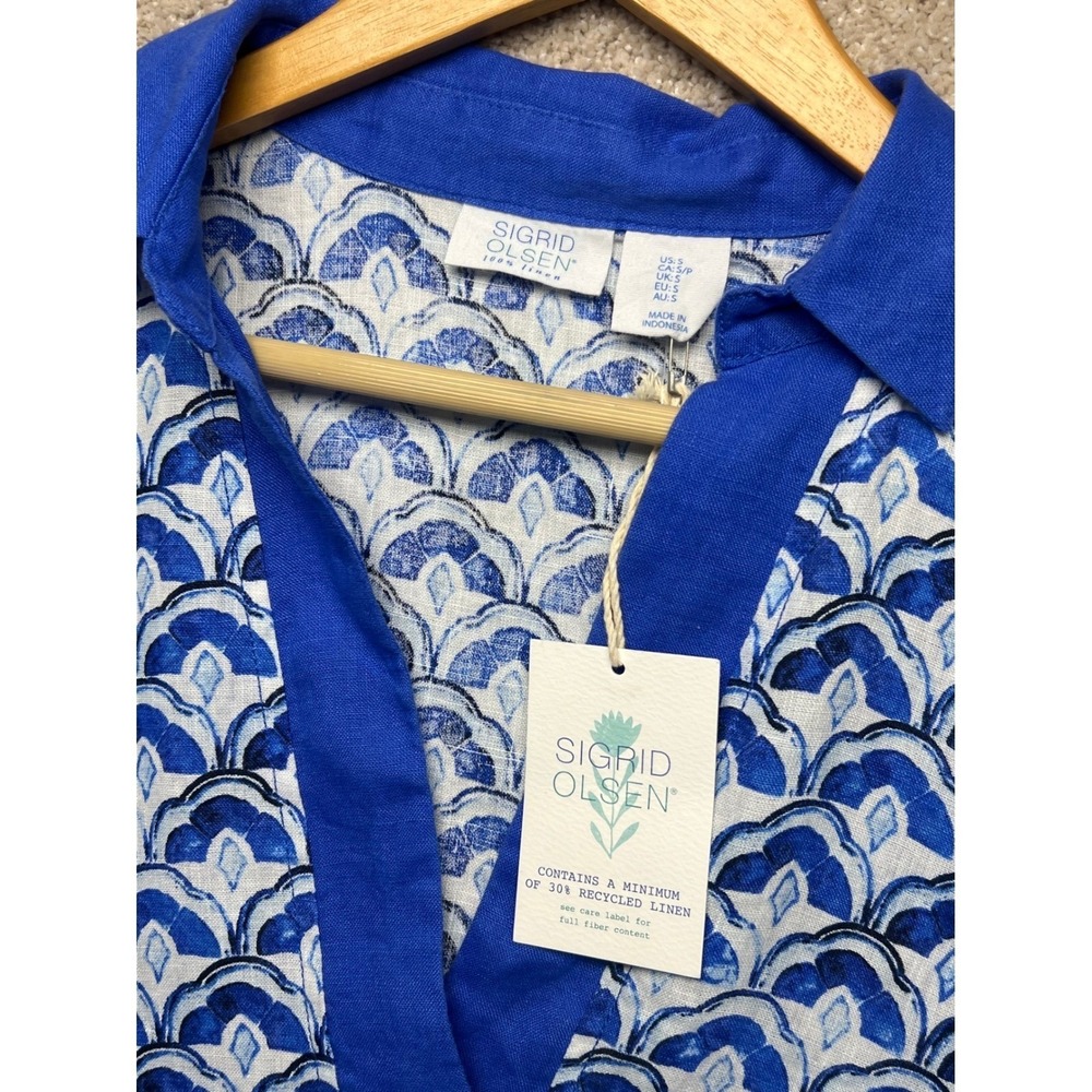 Sigrid Olsen Blue White Tunic Top Linen 3/4 Sleeve NWT V Neck Coastal Vacation S - Picture 5 of 12